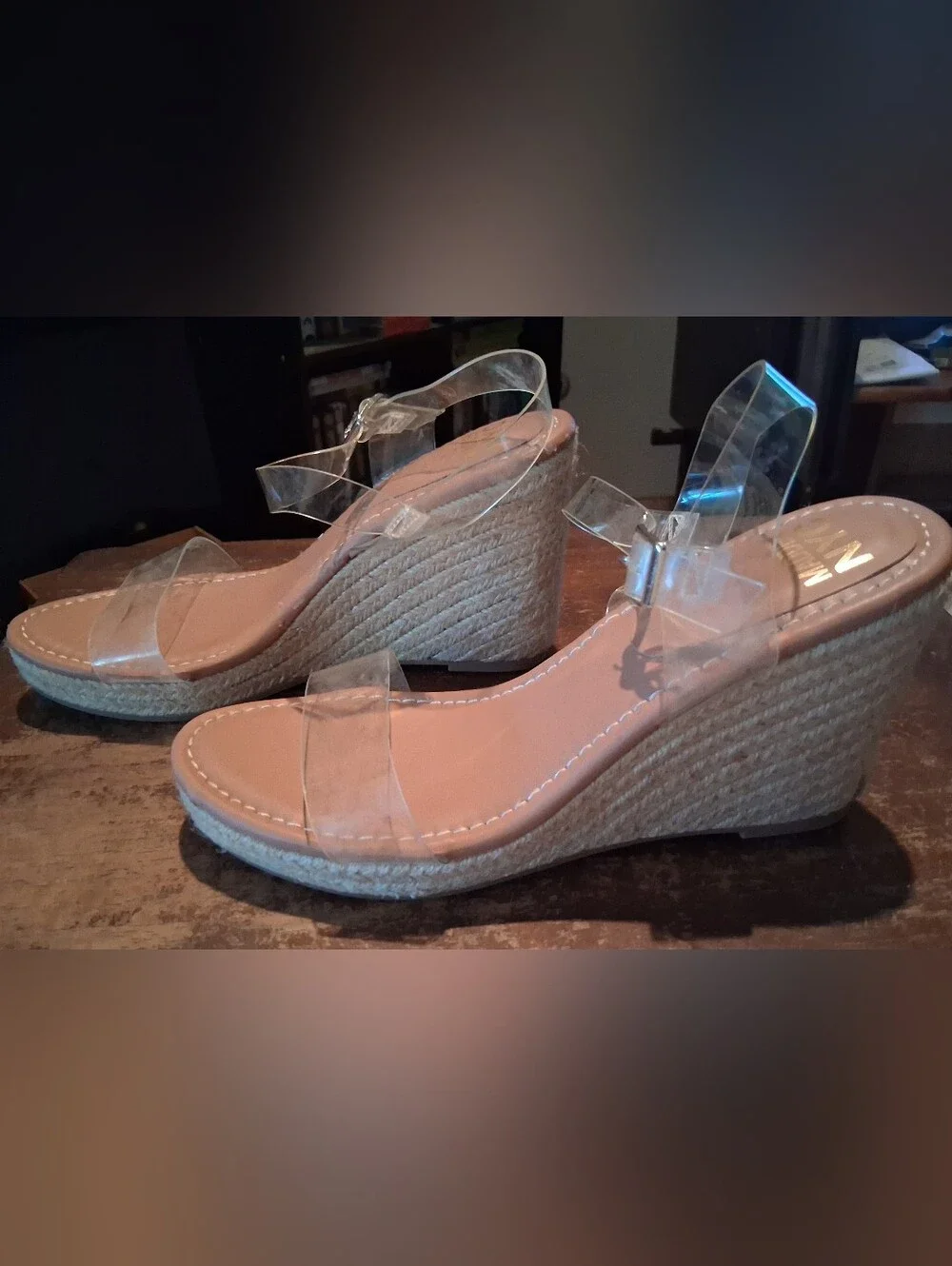 Madden NYC Clear Strap Espadrille Wedge Sandals in Nude